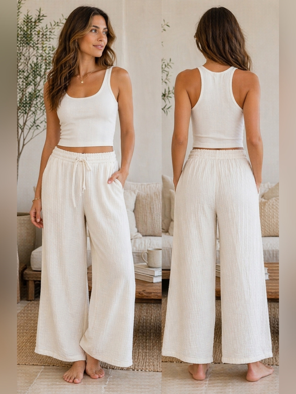UGG Karrie Pant Cotton Gauze Wide Leg Cream Lounge Resort Large